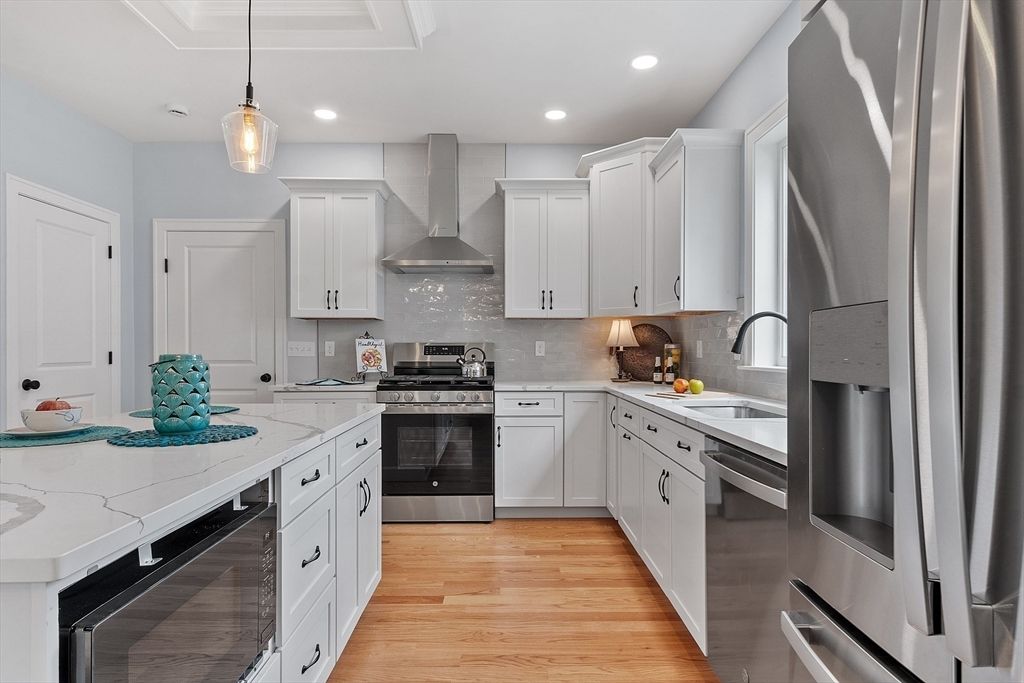 Interior, Kitchen, Pendant Lights, Recessed Lighting, Stainless Steel Appliances, Wood Texture Flooring