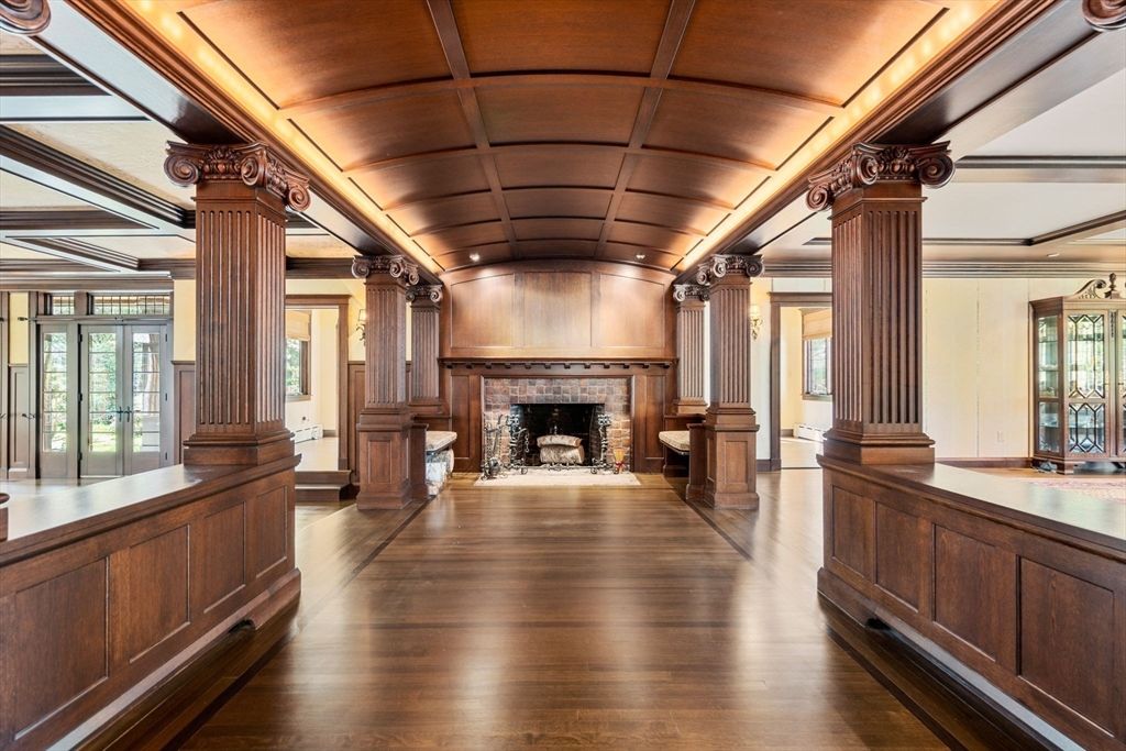 Fireplace, Interior, Recessed Lighting, Wooden Ceilings, Wood Texture Flooring, Wooden Walls