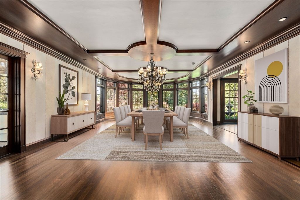 Chandelier, Dining room, Interior, Recessed Lighting, Wood Texture Flooring