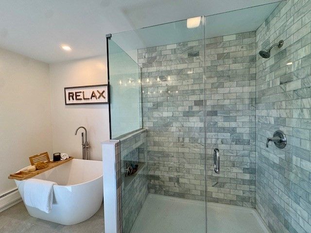 Bathroom, Free Standing Baths, Glass Shower, Interior, Recessed Lighting