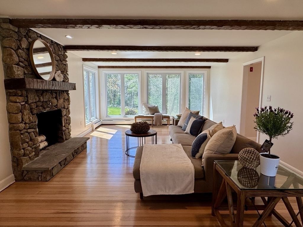 Fireplace, Interior, Living room, Recessed Lighting, Stone Walls, Wooden Beams, Wood Texture Flooring