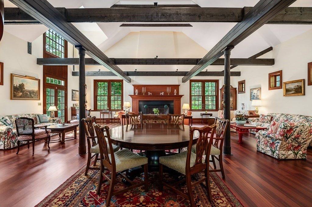Dining room, Fireplace, Interior, Living room, Wooden Beams, Wood Texture Flooring