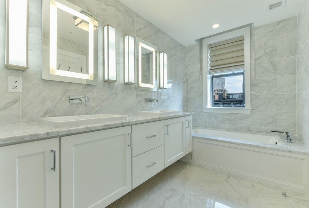 Bathroom, Dual Sink Vanities, Interior, Marble, Marble Walls, Recessed Lighting