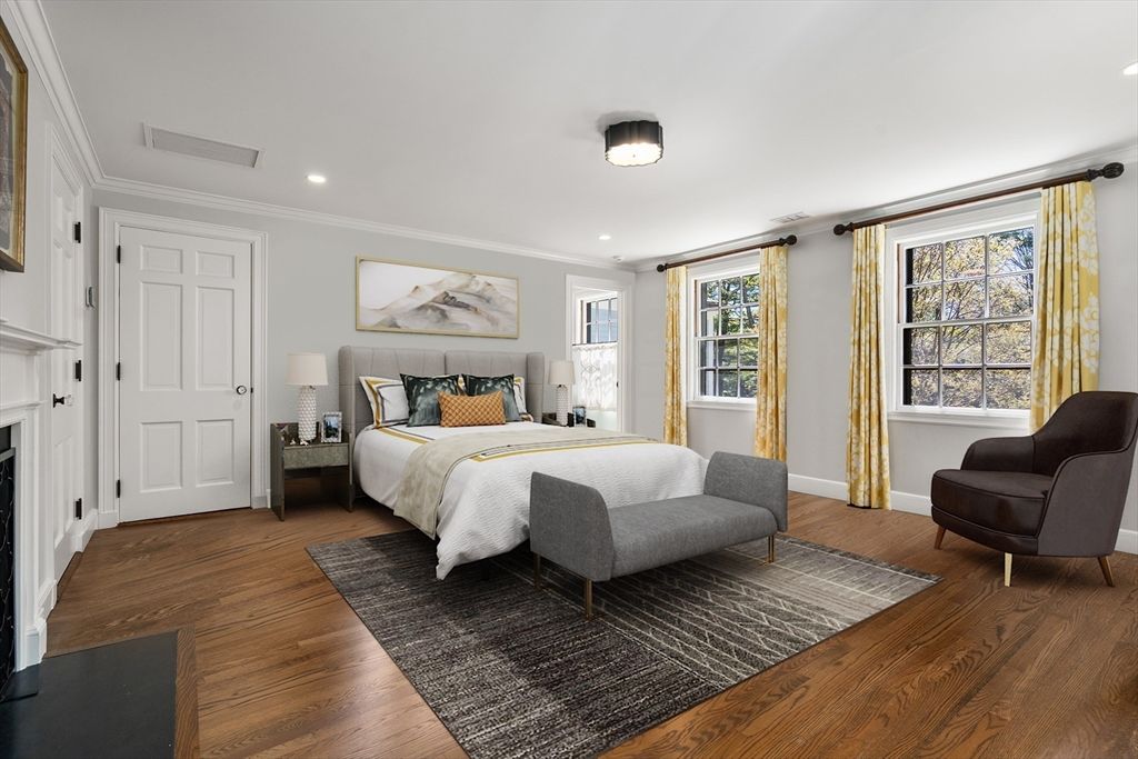 Bedroom, Fireplace, Interior, Recessed Lighting, Wood Texture Flooring