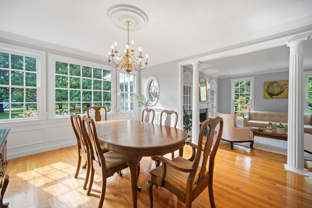 Chandelier, Dining room, Fireplace, Interior, Living room, Wood Texture Flooring