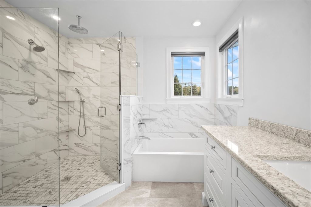 Bathroom, Free Standing Baths, Glass Shower, Interior, Marble Walls, Recessed Lighting