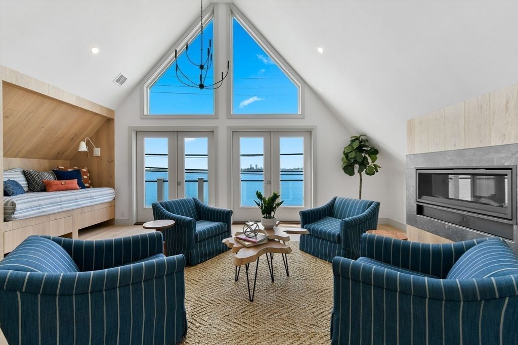 Bedroom, Fireplace, Interior, Living room, Recessed Lighting, Water, Wooden Walls