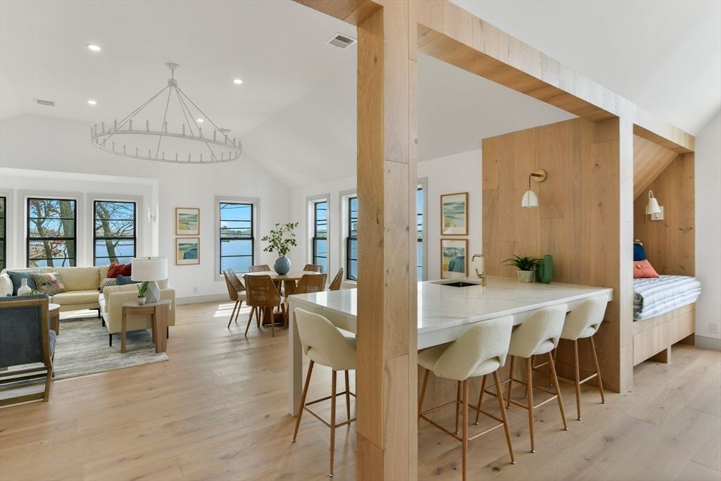 Chandelier, Dining room, Interior, Living room, Recessed Lighting, Wood Texture Flooring, Wooden Walls