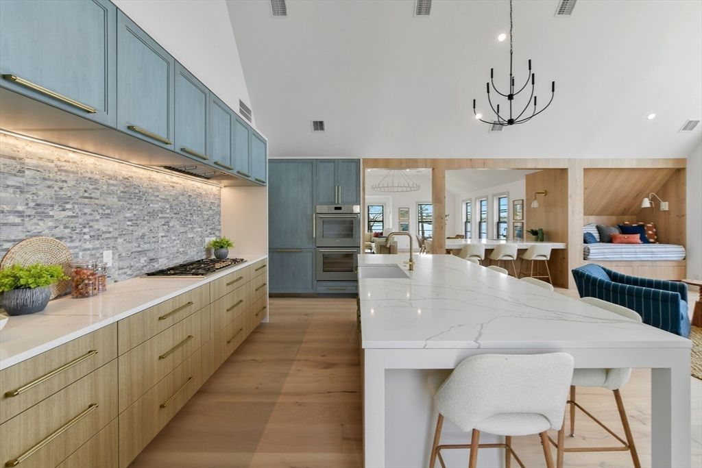 Chandelier, Interior, Kitchen, Recessed Lighting, Stainless Steel Appliances, Wood Texture Flooring