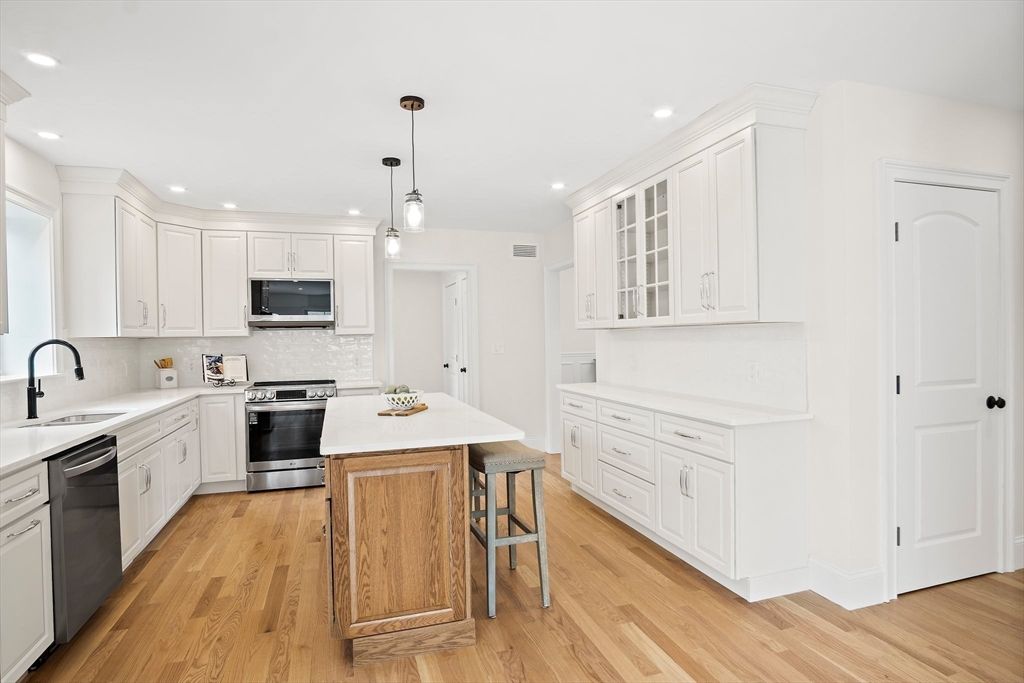 Interior, Kitchen, Pendant Lights, Recessed Lighting, Stainless Steel Appliances, Wood Texture Flooring