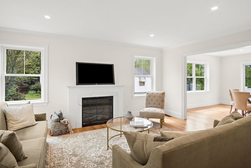 Fireplace, Interior, Living room, Recessed Lighting, Wood Texture Flooring
