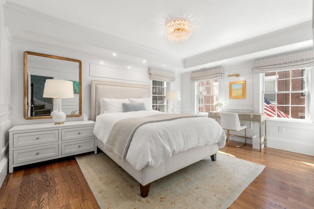 Bedroom, Chandelier, Interior, Recessed Lighting, Wood Texture Flooring