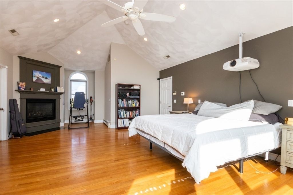 Bedroom, Fireplace, Interior, Recessed Lighting, Wood Texture Flooring