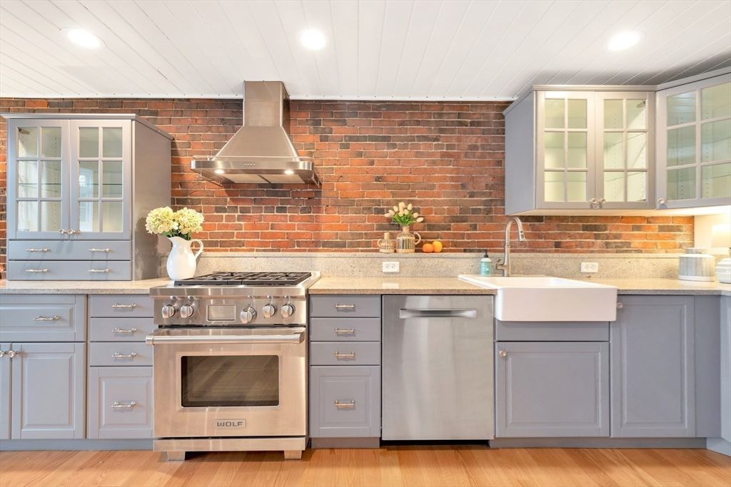 Interior, Kitchen, Recessed Lighting, Stainless Steel Appliances, Stone Walls, Wood Texture Flooring