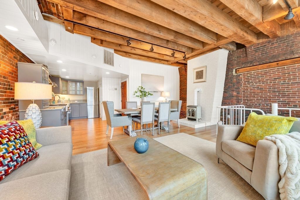 Dining room, Interior, Kitchen, Living room, Recessed Lighting, Stone Walls, Wooden Beams, Wooden Ceilings, Wood Texture Flooring