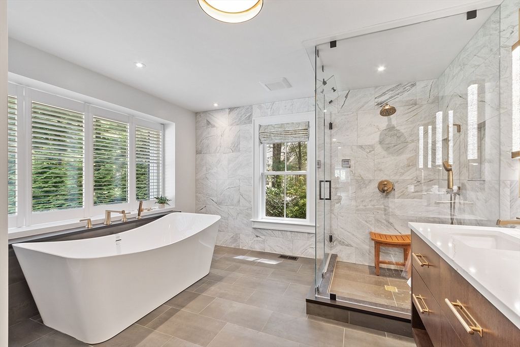 Bathroom, Free Standing Baths, Glass Shower, Interior, Marble Walls, Recessed Lighting