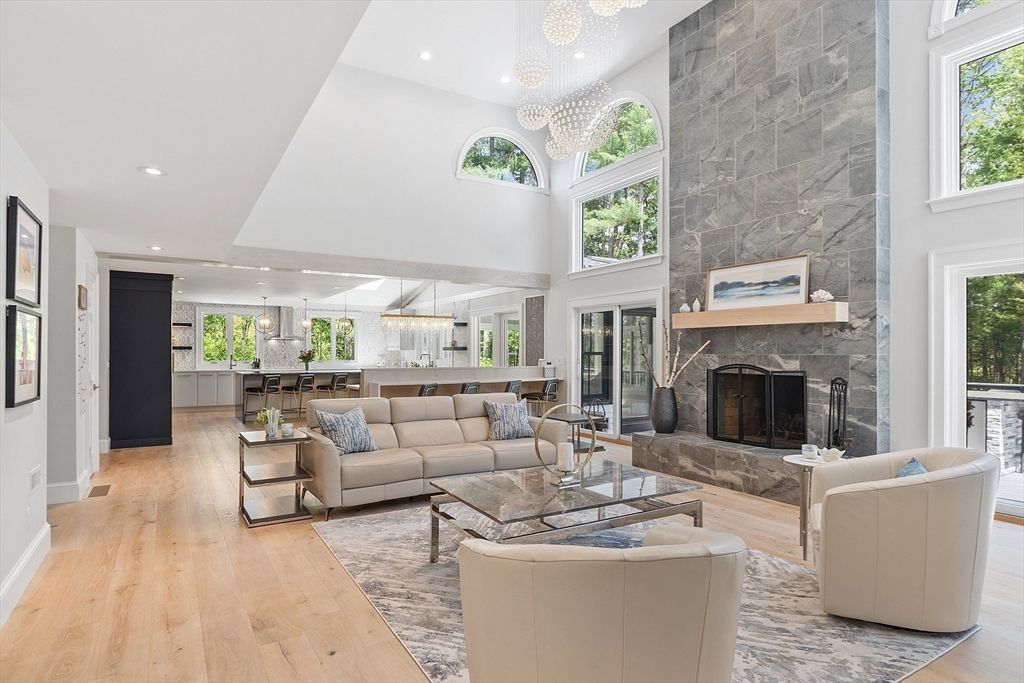 Fireplace, Interior, Kitchen, Living room, Pendant Lights, Recessed Lighting, Stone Walls, Wood Texture Flooring