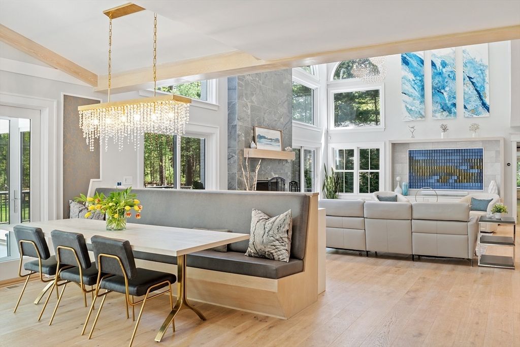 Chandelier, Dining room, Fireplace, Interior, Living room, Wood Texture Flooring