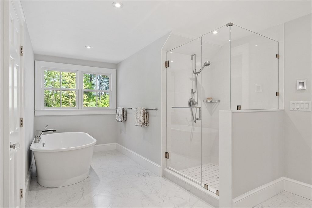 Bathroom, Free Standing Baths, Glass Shower, Interior, Marble, Recessed Lighting