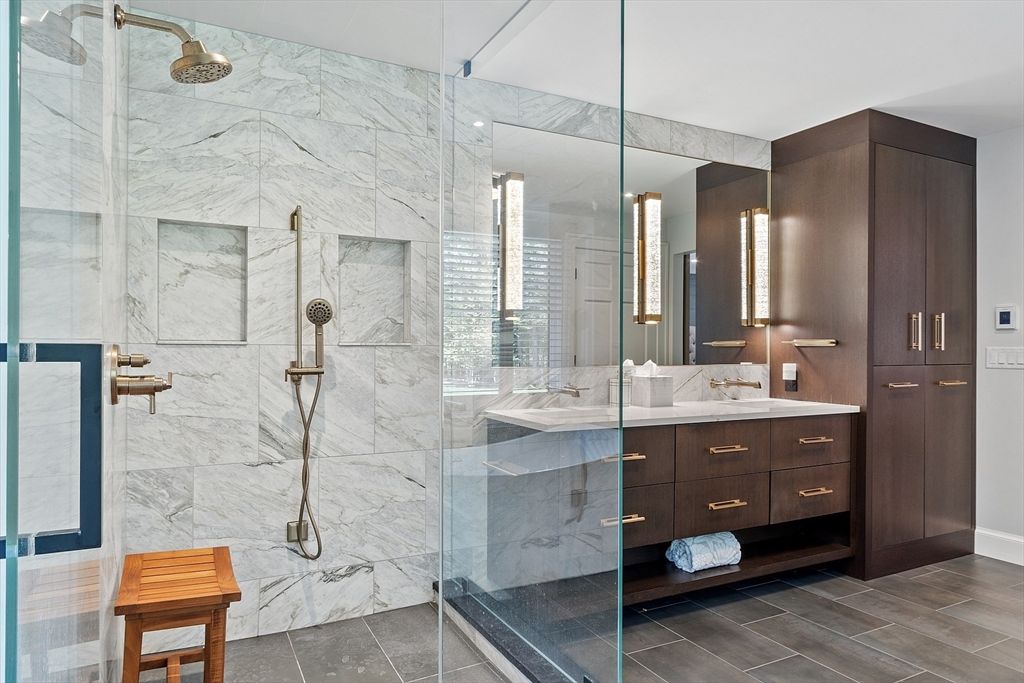 Bathroom, Glass Shower, Interior, Marble Walls, Wood Texture Flooring