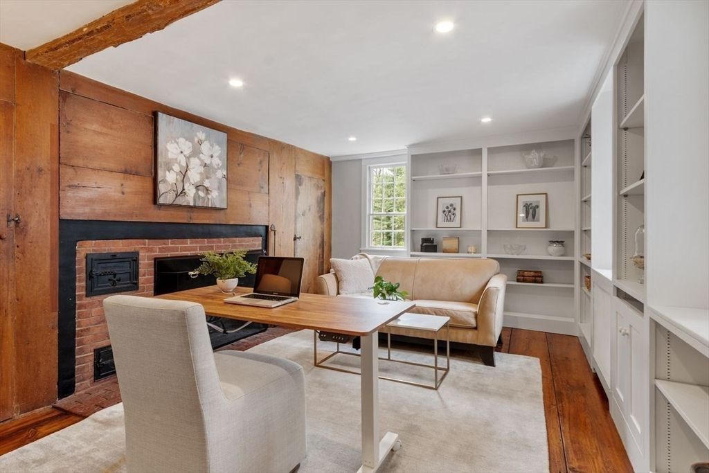 Fireplace, Home Office, Interior, Living room, Recessed Lighting, Wood Texture Flooring, Wooden Walls