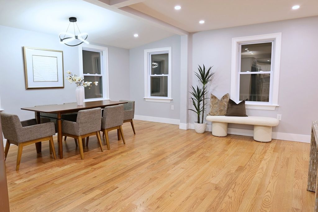 Dining room, Interior, Pendant Lights, Recessed Lighting, Wood Texture Flooring