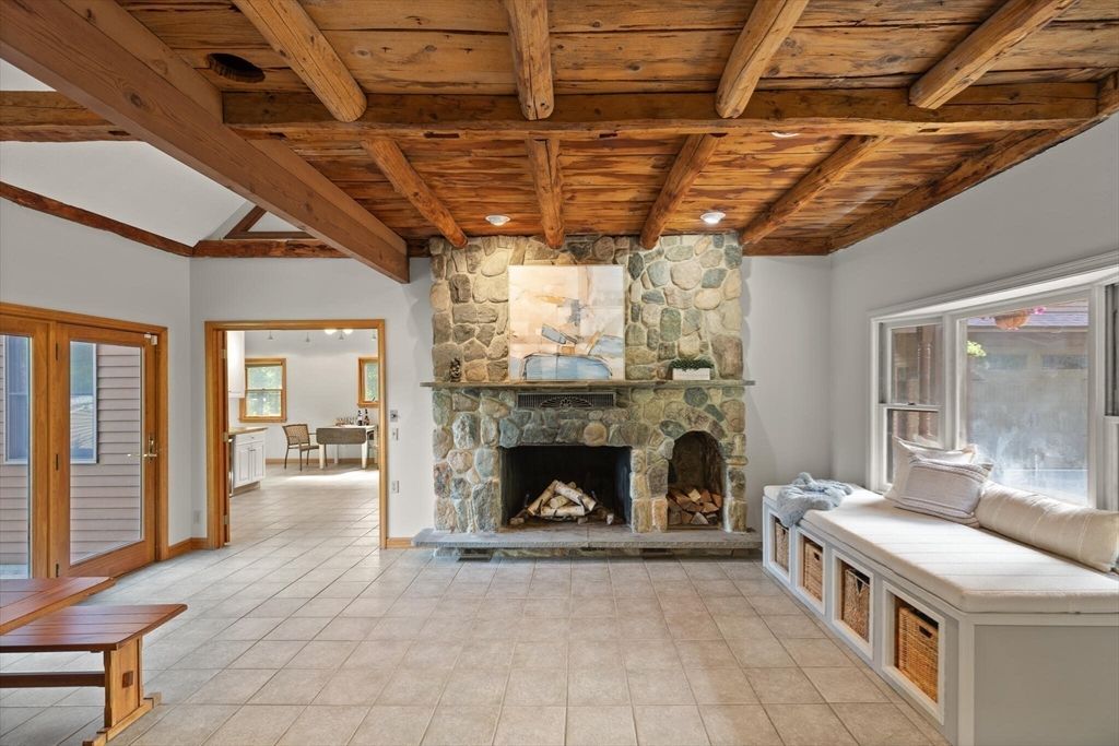 Fireplace, Interior, Recessed Lighting, Stone Walls, Wooden Beams, Wooden Ceilings
