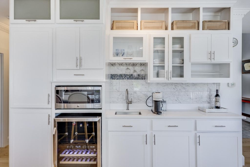 Interior, Kitchen, Marble Walls, Stainless Steel Appliances, Wood Texture Flooring
