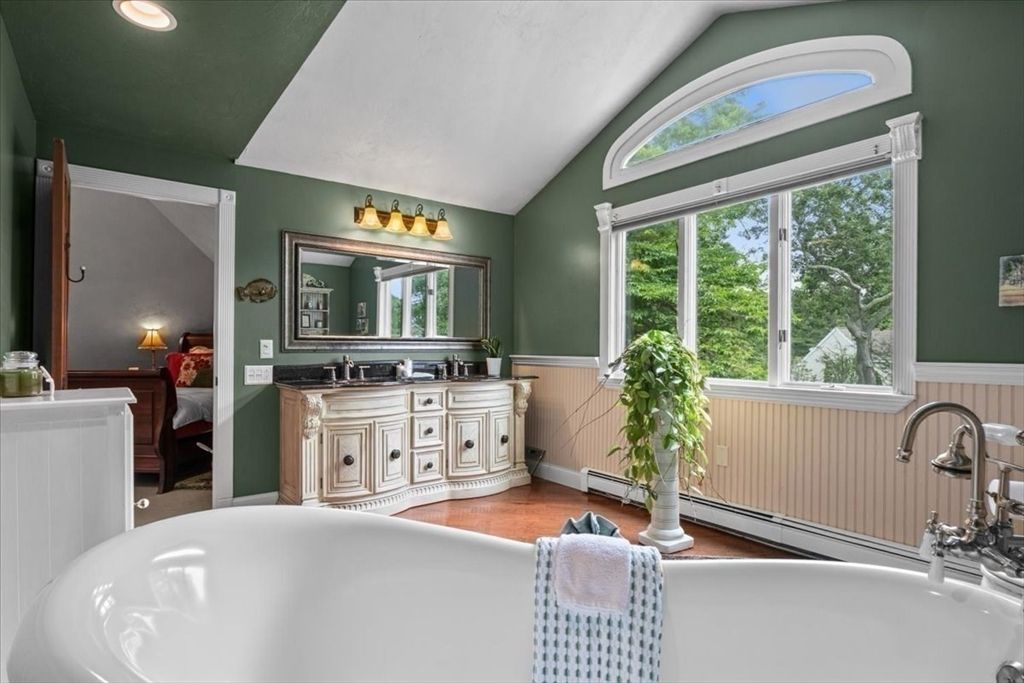 Bathroom, Dual Sink Vanities, Free Standing Baths, Interior, Recessed Lighting, Wood Texture Flooring