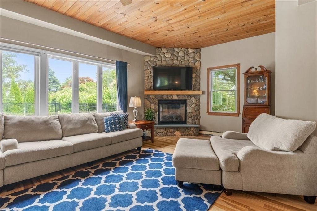 Fireplace, Interior, Living room, Stone Walls, Wooden Ceilings, Wood Texture Flooring
