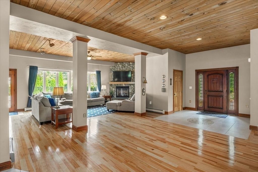 Fireplace, Interior, Living room, Recessed Lighting, Stone Walls, Wooden Ceilings, Wood Texture Flooring