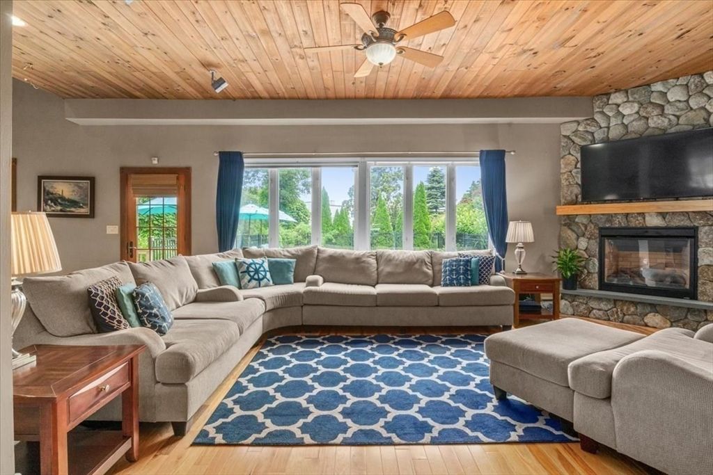 Fireplace, Interior, Living room, Stone Walls, Wooden Ceilings, Wood Texture Flooring