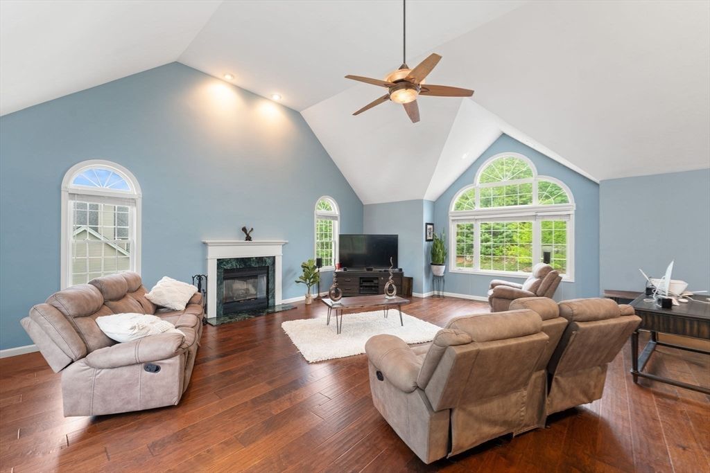 Fireplace, Interior, Living room, Recessed Lighting, Wood Texture Flooring