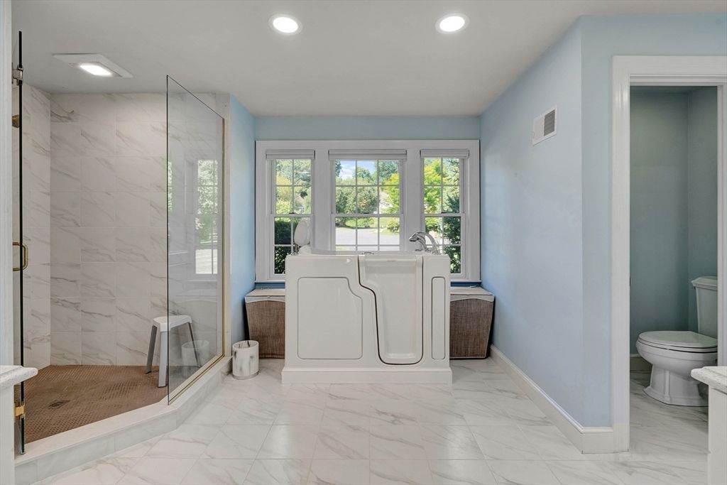 Bathroom, Glass Shower, Interior, Marble, Marble Walls, Recessed Lighting