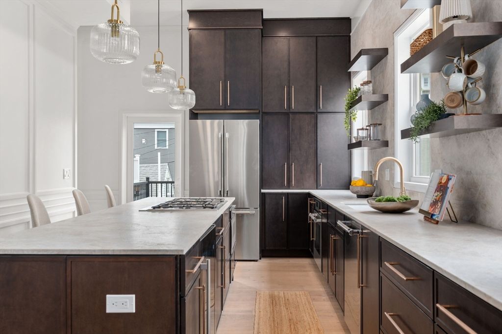 Interior, Kitchen, Pendant Lights, Stainless Steel Appliances, Wood Texture Flooring