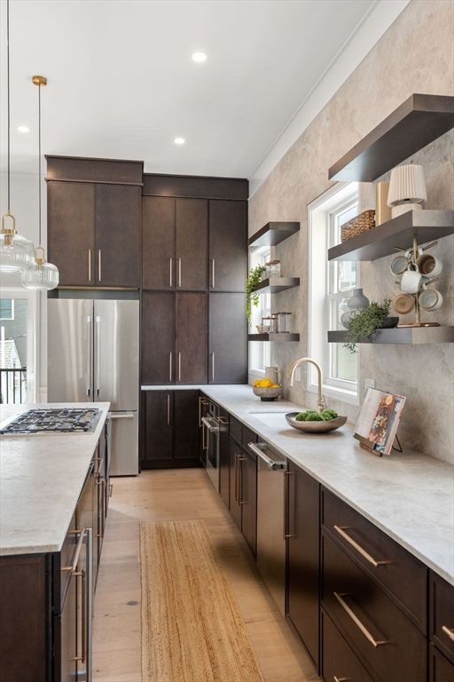 Interior, Kitchen, Pendant Lights, Recessed Lighting, Stainless Steel Appliances, Wood Texture Flooring