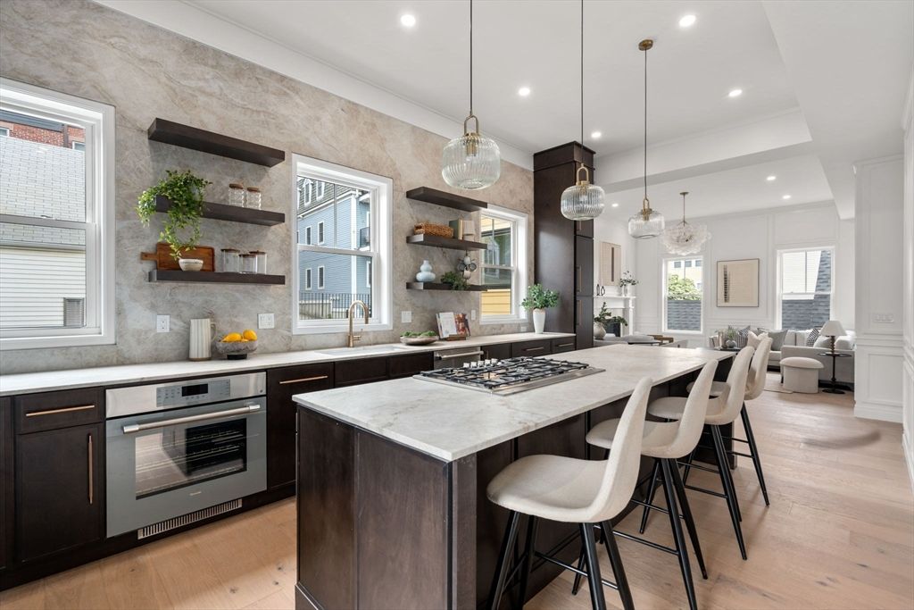 Interior, Kitchen, Living room, Pendant Lights, Recessed Lighting, Stainless Steel Appliances, Wood Texture Flooring