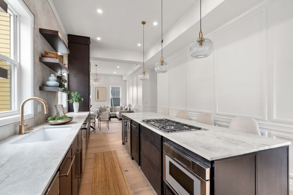 Dining room, Interior, Kitchen, Pendant Lights, Recessed Lighting, Stainless Steel Appliances, Wood Texture Flooring