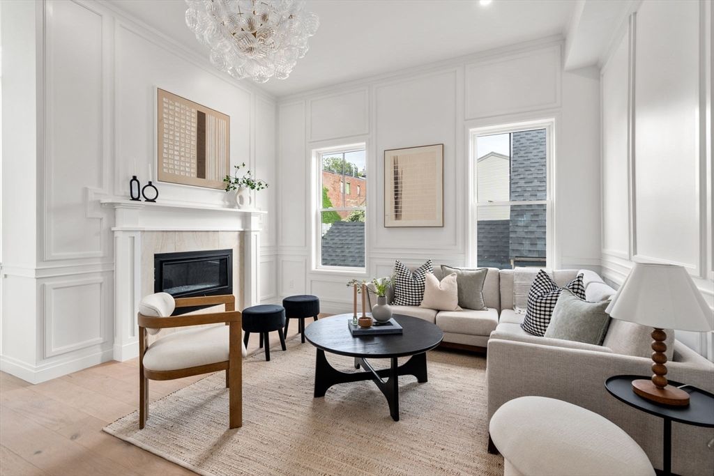 Chandelier, Fireplace, Interior, Living room, Recessed Lighting, Wood Texture Flooring