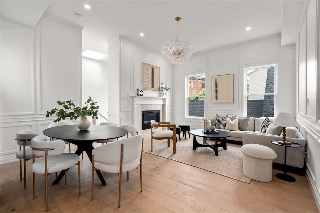 Chandelier, Dining room, Fireplace, Interior, Living room, Recessed Lighting, Wood Texture Flooring