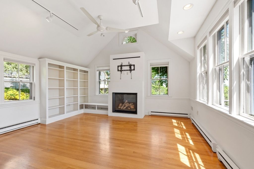 Empty room, Fireplace, Interior, Recessed Lighting, Wood Texture Flooring