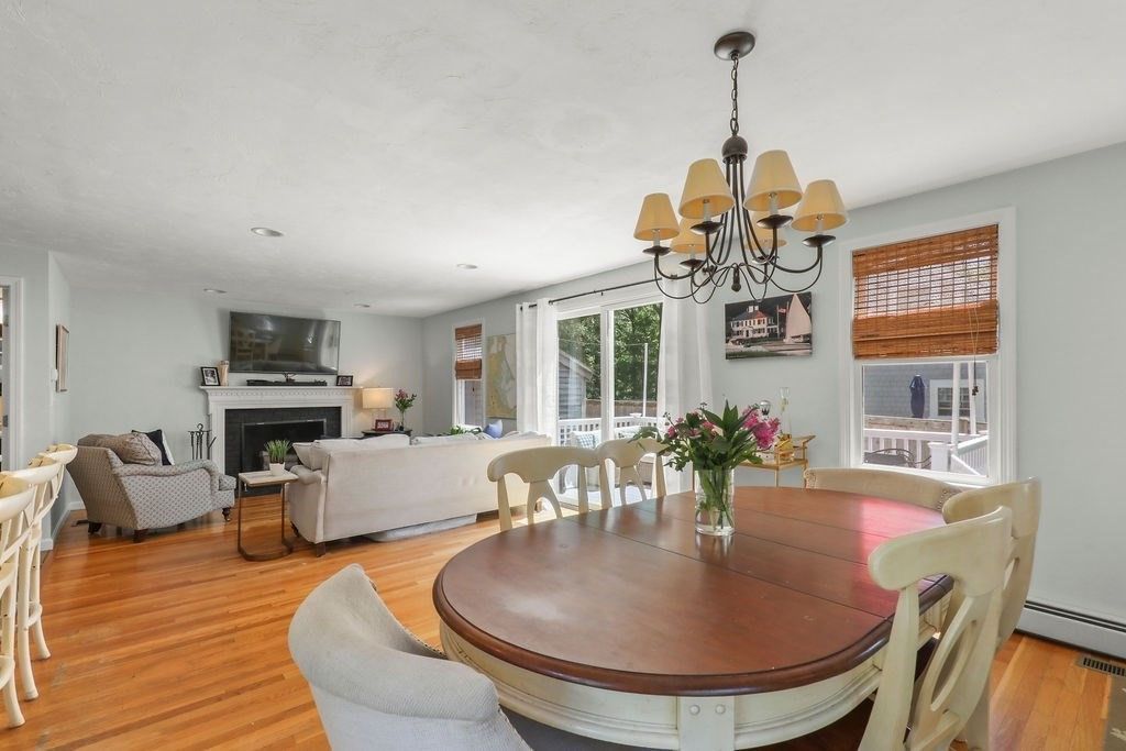 Chandelier, Dining room, Fireplace, Interior, Living room, Recessed Lighting, Wood Texture Flooring