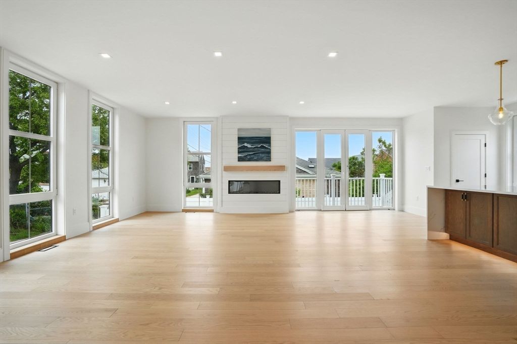 Empty room, Fireplace, Interior, Pendant Lights, Recessed Lighting, Wood Texture Flooring