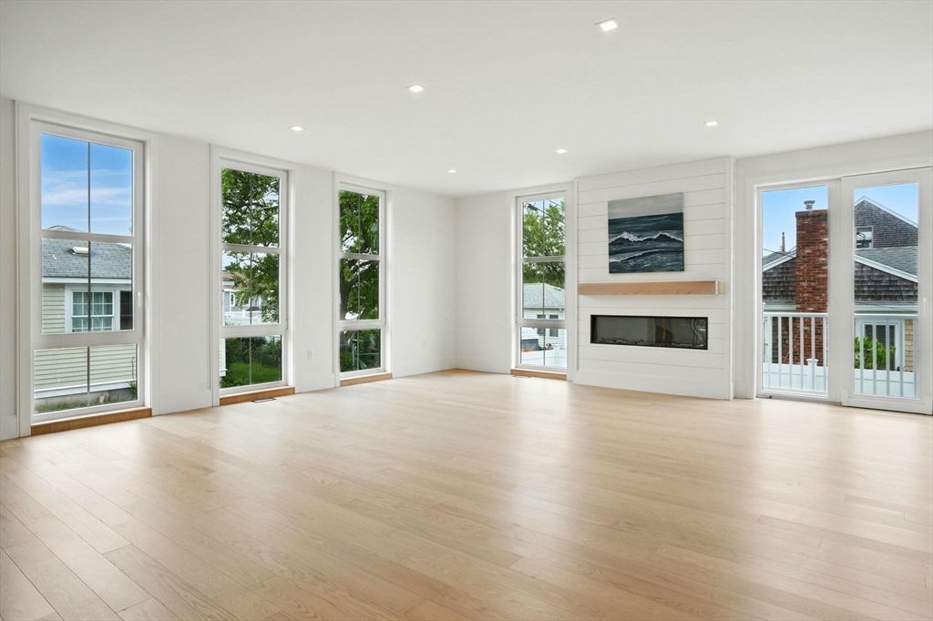 Empty room, Fireplace, Interior, Recessed Lighting, Wood Texture Flooring