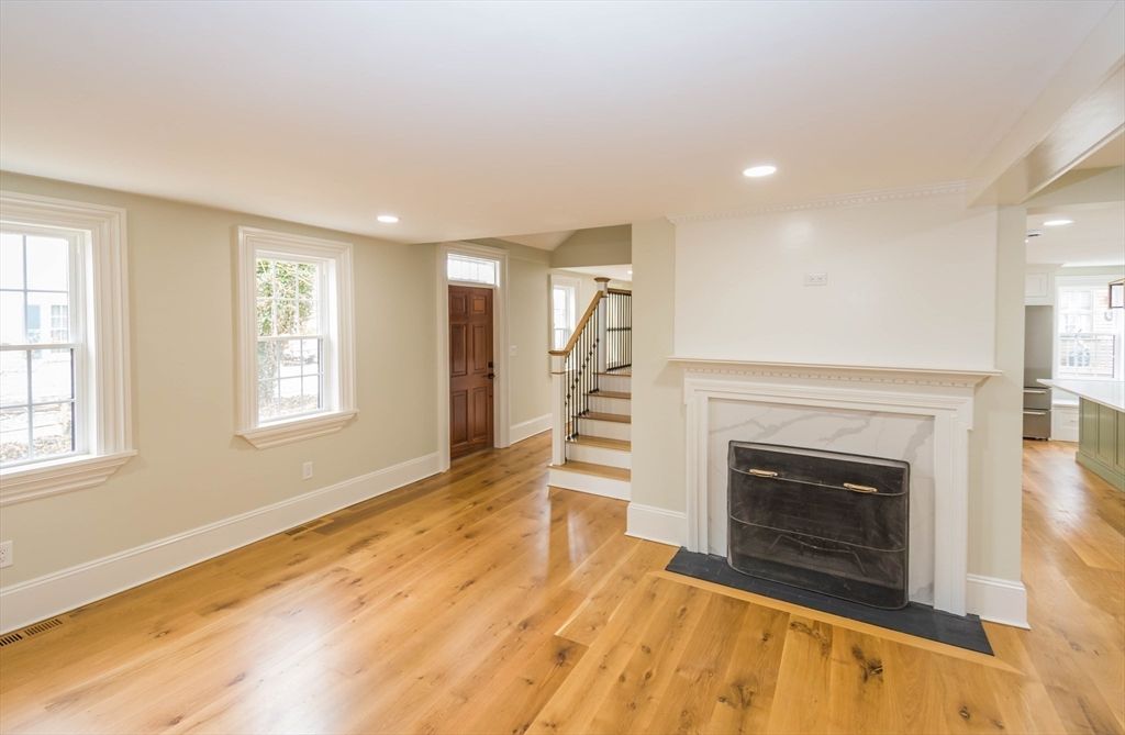 Empty room, Fireplace, Interior, Recessed Lighting, Wood Texture Flooring