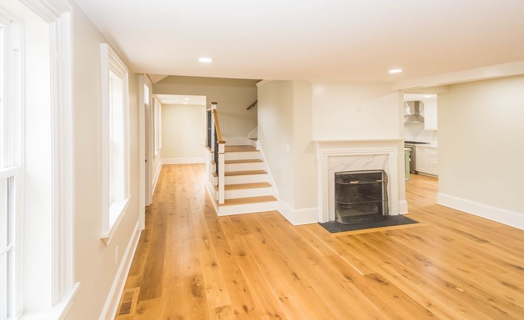 Fireplace, Interior, Recessed Lighting, Wood Texture Flooring
