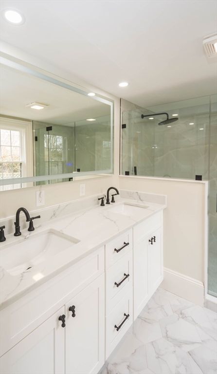 Bathroom, Dual Sink Vanities, Glass Shower, Interior, Marble, Recessed Lighting