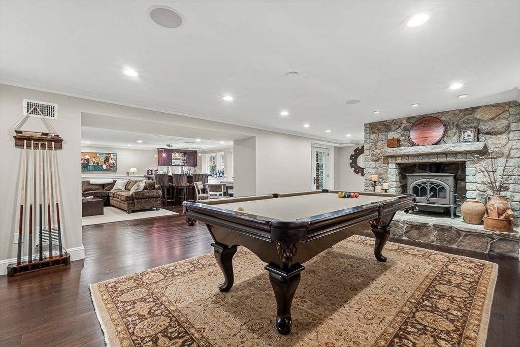 Billiard Table, Fireplace, Game Room, Interior, Recessed Lighting, Stone Walls, Wood Texture Flooring
