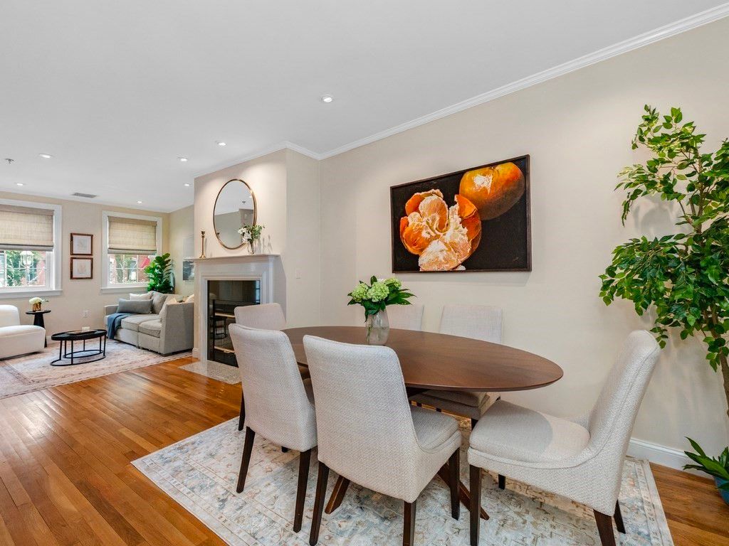 Dining room, Fireplace, Interior, Living room, Recessed Lighting, Wood Texture Flooring