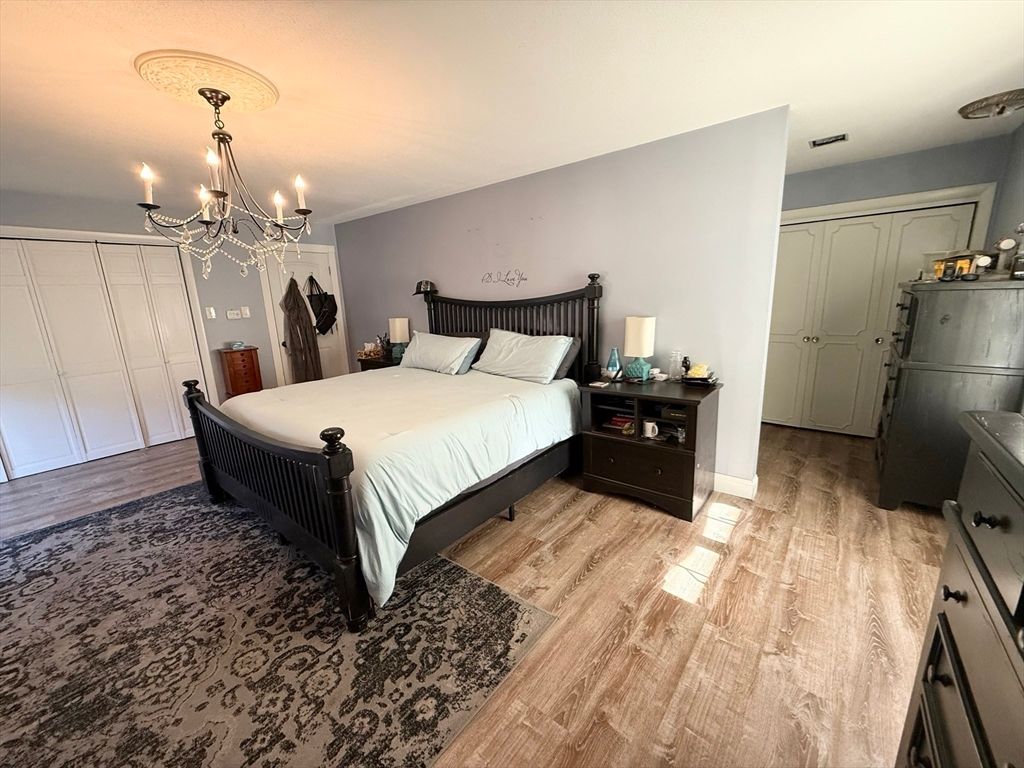 Bedroom, Chandelier, Interior, Wood Texture Flooring